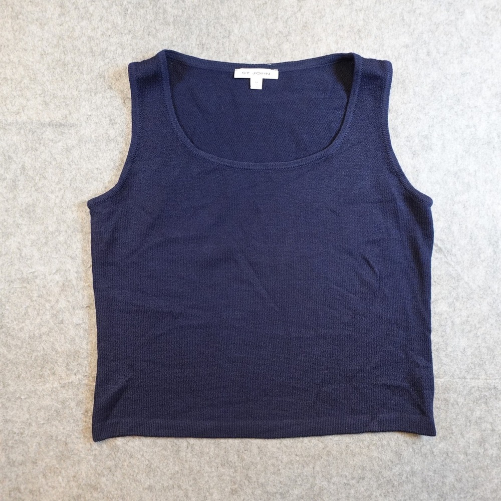 St John Top Womens Medium Navy Blue Knit Sleeveless Scoop Neck Made In USA Shell
